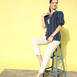 Yufta Print Tie-Up Neck Peplum Top-image-5