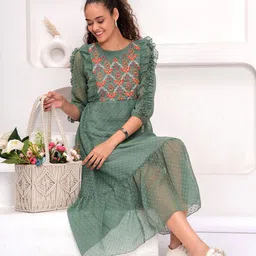 KALINI Women Floral Embroidered Ruffles Georgette Fit & Flare Midi Dress-picture-13