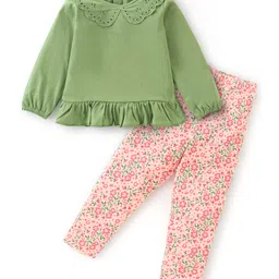 Babyhug 100% Cotton Full Sleeves Top and Floral Printed Pant - Green & Orange-picture-11