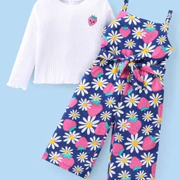 Babyhug Single Jersey Knit Floral Printed Jumpsuit with Full Sleeves Top - Pink & Blue-picture-31