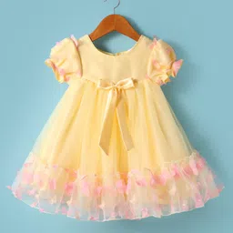 Babyhug Woven Half Puffed Sleeves Fit & Flared Party Dress with 3D Butterfly Applique & Bow Detailing - Yellow-picture-16