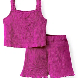 Pine Kids Cotton Woven Singlet Sleeves Top & Shorts Set with Smocking Detailing - Dark Pink-picture-23
