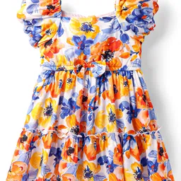 Babyhug Woven Puffed Sleeves Frocks with Floral Print - White & Blue-picture-15