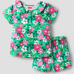 Babyhug Cotton Knit Half Sleeves Co-ords Peter Pan Collared Front Open Shorts Night Suit with Floral Print - Green-picture-26
