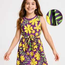 Pine Kids Cotton Knit Sleeveless Frock With Floral Print & Belt - Violet-picture-25
