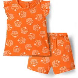Babyhug Cotton Knit Frill Sleeves Shorts Co-Ord Night Suit With Cupcake Print - Orange-picture-34