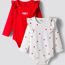 Bonfino 100% Cotton Knit Full Sleeves Onesies with Frill Detailing & Heart Embroidery & Print Pack of 2 - White & Red-picture-27