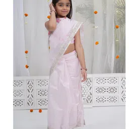 Little Bansi Muslin Woven Gota Lace Embellished Wrap Around Saree With Sleeveless Flamingo Printed Blouse - Baby Pink-picture-21