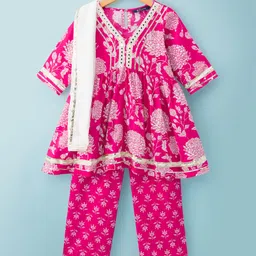Pine Kids Cotton Woven Three Fourth Sleeves Kurta Salwar & Dupatta Set With Floral Print - Pink-picture-12