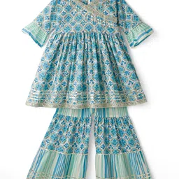teentaare Teentare Cotton Woven Three Fourth Sleeves Kurta & Gharara & Dupatta Set With Floral Print - Light Blue-picture-16