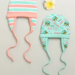 BUMZEE Cotton Knit Pack Of 2 Striped & Tiger Face Printed Caps With Ear Flap - Mint Green & Multi Colour - Diameter - 36 Cm-picture-41