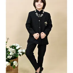 BT DEZINES Silk Woven Solid Sherwani Trouser With Full Sleeves Chevron Embroidered Jacket & Necklace Set - Black-picture-25