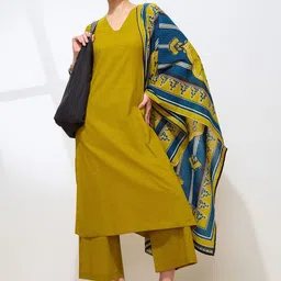 Fourleaf V-Neck Pure Cotton Straight Kurta With Trousers & Dupatta-picture-41