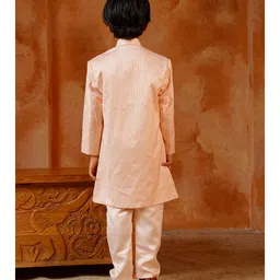 AJ Dezines Jacquard Woven Full Sleeves Threadwork Detailed Sequins Embellished Sherwani & Pant Set - Peach image 3