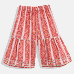 READIPRINT Three Fourth Sleeves Lace Embellished Floral Motif Printed Angrakha Style  Kurta With Sharara - Red image 4