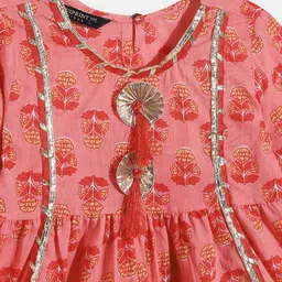 READIPRINT Three Fourth Sleeves Lace Embellished Floral Motif Printed Angrakha Style  Kurta With Sharara - Red image 5