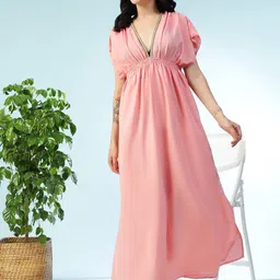 Oxolloxo Women V-Neck Elasticated Side Slits Beachwear Dress-picture-21