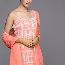 Libas Women Coral Orange & Off-White Embroidered Kurta with Palazzos & Dupatta-picture-29