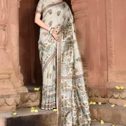 Elora Dusty Grey Silk Floral Print Saree With Unstitched Blouse-picture-12