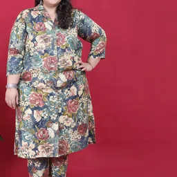 DIVASTRI Plus Size Floral Printed Spread Collar Kurta With Trousers-picture-10