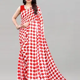 Satrani Red Georgette Polka Printed Saree with Unstitched Blouse Piece-image-22