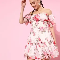 QUIERO White & Pink Floral Print Fit & Flare Dress-image-29