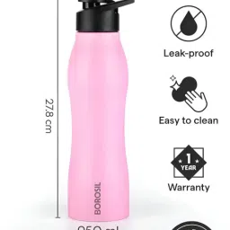 Borosil Pink 950 ml Hydra Stainless Steel Water Bottle - Set of 4 image 3