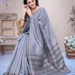 Satrani Grey Silk Woven Saree With Unstitched Blouse image 4