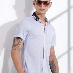 Thomas Scott Blue Cotton Slim Fit Self Pattern Shirt image 4