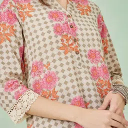 Styli Beige Cotton Printed Straight Kurta image 4