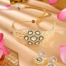 Zaveri Pearls Green Meenakari Multistrand Cluster Bead Choker Necklace & Earring Set-ZPFK18241-picture-11