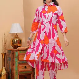 DORIYA Floral Printed Shirt Collar Three-Quarter Sleeves Top & Trouser image 2