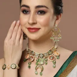 Dugran By Dugristyle Green & Gold Jhumki Earrings with Kundan and Pearls for Women-image-16