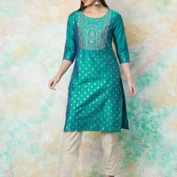 Melange By Lifestyle Teal Regular Fit Embroidered Kurtas image 4