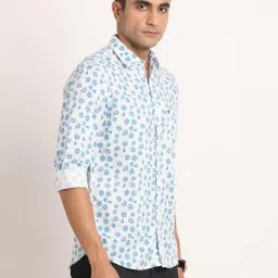 Turtle Light Blue Excel Linen Slim Fit Printed Shirt image 4