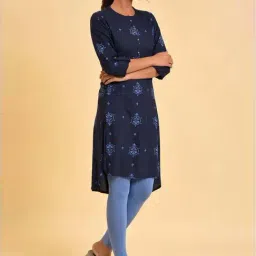 W Navy Printed A Line Kurti image 4