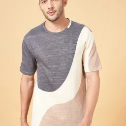 7 Alt By Pantaloons Charcoal & Peach Cotton Relaxed Fit Printed T-Shirt-image-4