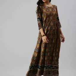 SHOWOFFFF Brown Cotton Botanical Ankle Length Anarkali Kurta image 4