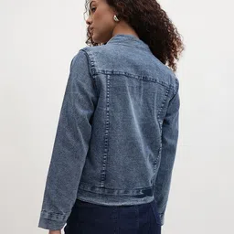 The Roadster Life Co. Washed Effect Spread Collar Eyelets Studded Crop Denim Jacket image 4