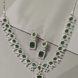 OOMPH Green American Diamond Rectangle Drop Pendant Necklace Set with Earrings-picture-27