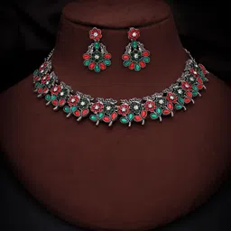 DIVASTRI Set Of 2 Silver Plated & Gold Plated American Diamond Studded Jewellery Sets image 2