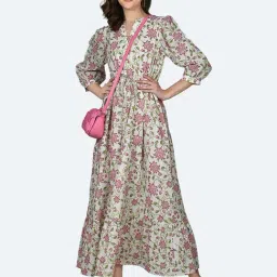 Zink London White & Pink Cotton Floral Print Gown-image-86