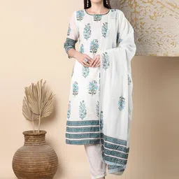 FASHOR Floral Printed Round Neck Pure Cotton Straight Kurta With Trousers & Dupatta-image-97
