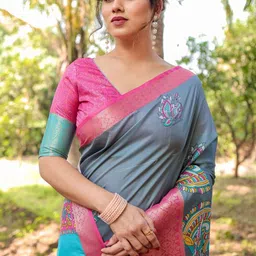 ALMAARI FASHION Ethnic Motifs Printed Banarasi Saree With Tassels & Blouse Piece image 5