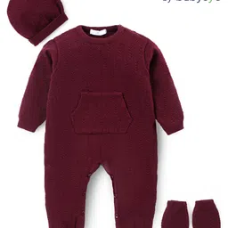 Babyoye Knitted Full Sleeves Solid Colour Winter Wear Romper with Caps & Mittens Set - Maroon-image-39