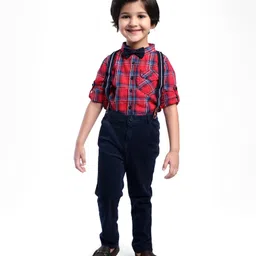 Babyhug Cotton Woven Full Sleeves Checkered Shirt with Jeans Bow & Suspender - Red & Blue-picture-33