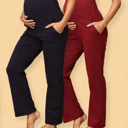 The Mom Store Pack Of 2 Cotton Spandex Solid Maternity Track Pants - Maroon & Navy Blue image 1