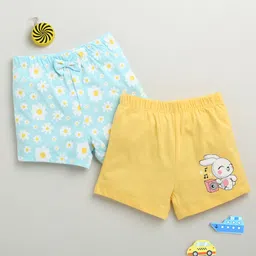 BUMZEE Cotton Knit Above Knee Length Floral & Bunny Printed Shorts With Bow Applique Pack of 2 - Light Blue & Yellow image 1