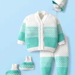 Babyhug Knit Full Sleeves Front Open Sweater Set with Booties & Cap Cable Knit Design - White & Turquoise-picture-17
