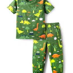 Babyhug Cotton Knit Half Sleeves Co-ords Night Suit With Dino Print - Green-picture-22